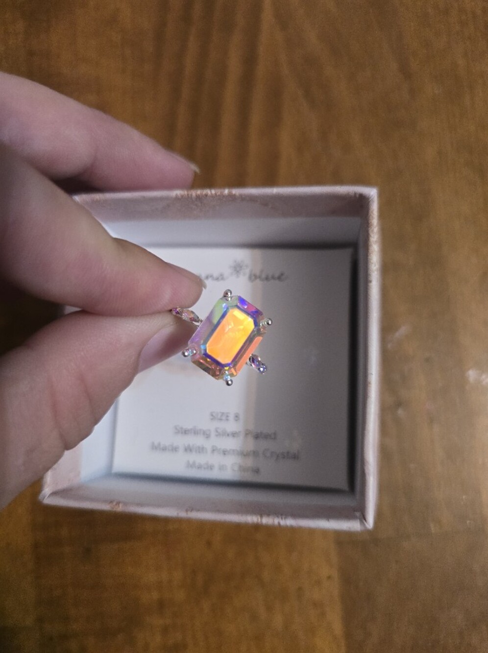 Iridescent Aurora Crystal Rectangle Sterling Ring - Orange-Pink Shift
